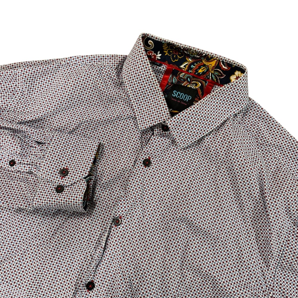 SCOOP Mens XXL Button Up Shirt White Red Blue Geometric Paisley Cotton L/S